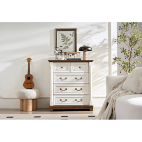 Farmhouse Style 5 Drawer Dresser Chest With Base Wooden Rustic Chest Of Drawers, Storage Dresser Organizer For Bedroom, Living Room, Beautiful Sturdy