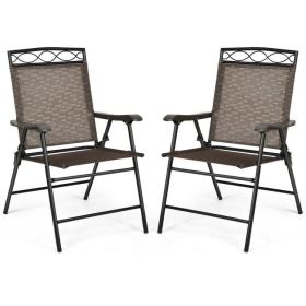 Set of 2 Patio Folding Chairs Sling Portable Dining Chair Set with Armrest