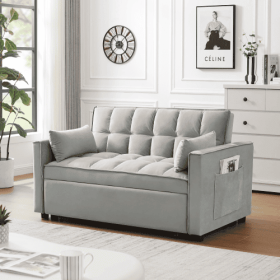 Modern Velvet Loveseat Futon Sofa Couch W Pullout Bed,Small Love Seat Lounge Sofa W Reclining Backrest,Toss Pillows, Pockets,Furniture For Living Room (Option: Gray)