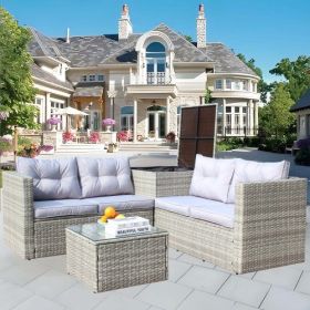 4 Piece Patio Sectional Wicker Rattan Outdoor Furniture Sofa Set With Storage Box Grey (Color: Grey)