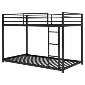 Metal Bunk Bed, Low Bunk Bed With Ladder, Black (Color: Black)