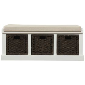 Rustic Storage Bench With 3 Detachable Classic Rattan Baskets (Color: White)