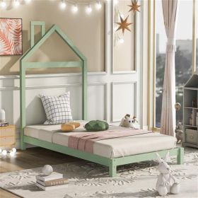 Double Wooden Platform Bed With House-shaped Headboard - Green (Color: Green)