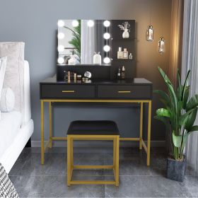 Black, Particleboard, Steel Frame, Two-drawer, Three-tier Shelf, Dressing Table Set, Three-tone Light, Light Luxury (Color: Black)