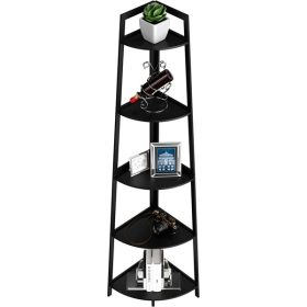 70 Inch 5-storey Industrial Corner Ladder With Antique Bamboo Frame, Prohibited For Sale On Amazon (Color: Black)