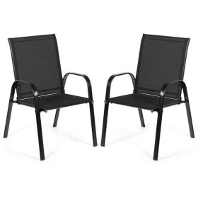 2 Pieces Patio Outdoor Dining Chair with Armrest (Color: Black)