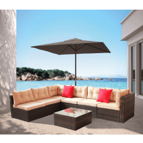 Patio Furniture Set PE Rattan Sectional Garden Furniture Corner Sofa Set (Color: Coffee)