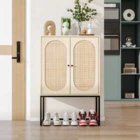 Allen 2 Door High Cabinet, Rattan, Built-in Adjustable Shelf, Easy Assembly, Free Standing Cabinet For Living Room Bedroom (Option: Natural)
